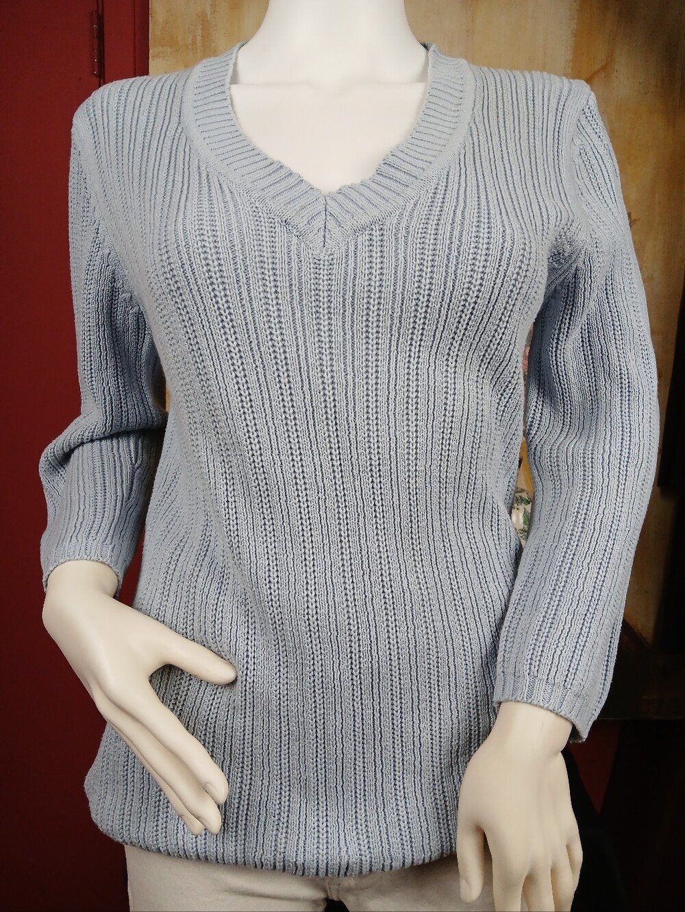 Faded Glory Blue Hope Ribbed V-Neck Knit Sweater Cotton Blend Pullover XL 16/18